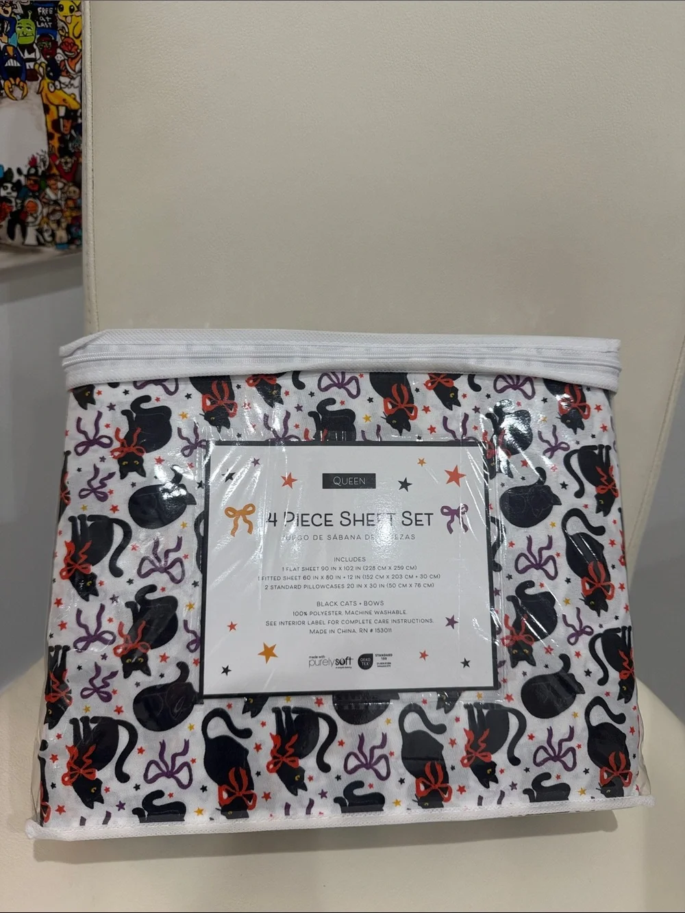 Halloween White//Purple/Orange Black Cats/Stars/Bows Queen Sheet Set